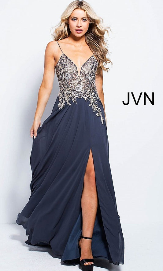 JVN55885 Navy Size 6 Prom Dress Pageant Gown  Beautiful v neckline with spaghetti straps prom dress evening gown with embellished bodice. Perfect gown for a military ball, prom or your next evening event. 