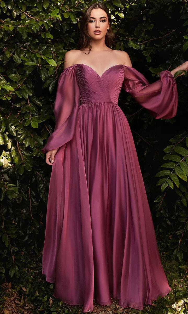 Ladivine CD243 CD243C Long Sleeve Chiffon A Line Formal Dress V Neck Bridesmaid Dress Bridesmaid Be tantalized by the allure of this fascinating Cinderella Divine CD243 creation. Fluttering into an ethereal silhouette, this gown flatters with a sweetheart neckline on a pleat-rendered bodice. Styled with a v-open back and framed with long bishop sleeves, the A-line skirt flutters into a floor grazing hemline with a sweeping train. Be impressed with the captivating style of this Cinderella Divine masterpiece.