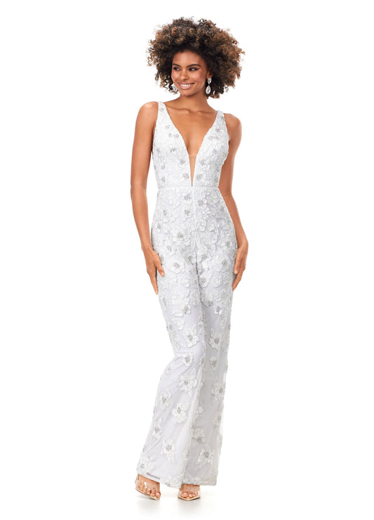 Ashley Lauren 11355 This v-neckline jumpsuit features an intricate floral inspired bead pattern throughout. The look is complete with a v-back and straight leg pants. V-Neckline V-Back Straight Leg Pants Fully Hand Beaded COLORS: Ivory, Neon Pink, Royal