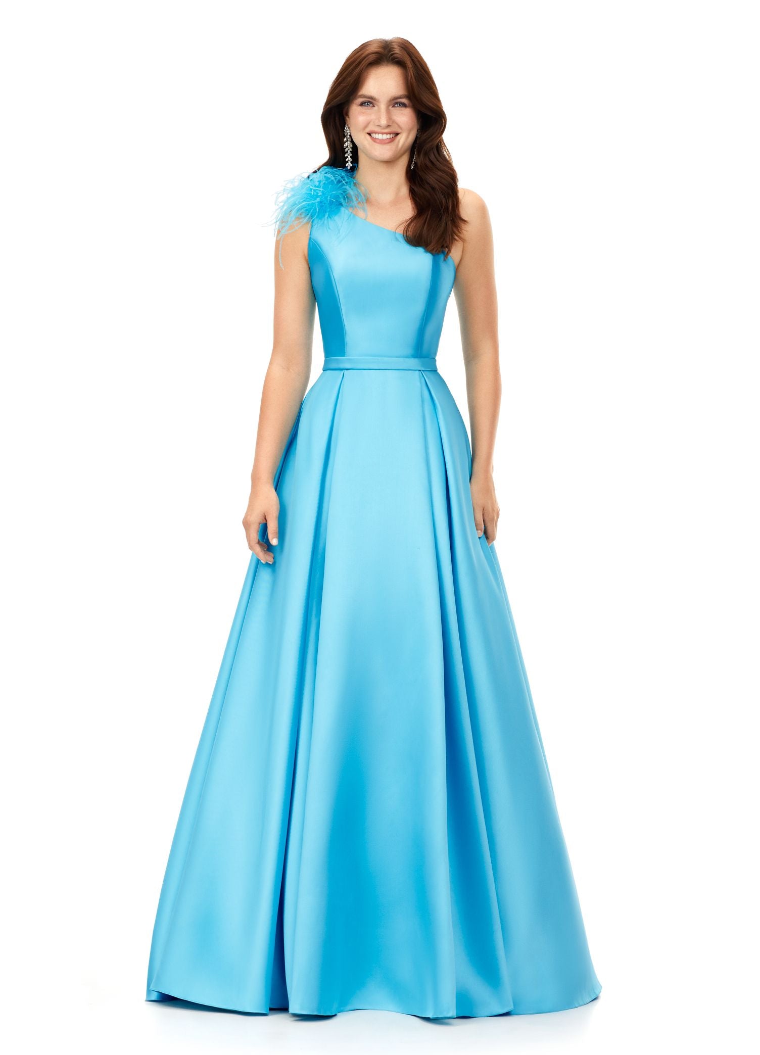 Ashley Lauren 11336 This elegant and sophiscated one shoulder ball gown is sure to make a statement at your next event. The neckline is emebellished with feather details. The a-line skirt completes the look. One Shoulder A-Line Skirt Feather Details Mikado COLORS: Turquoise, Ivory, Red