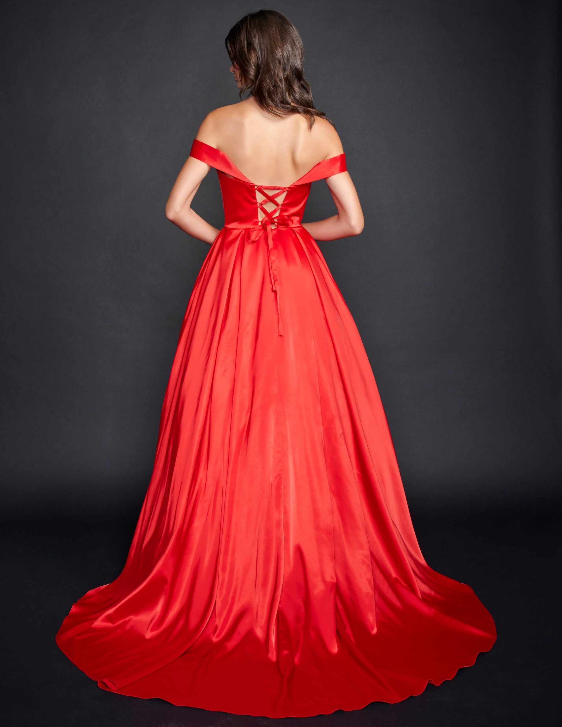 Nina Canacci 5214 Long Satin off the shoulder Ballgown Prom Dress Pageant Gown Pockets  Available Size- 4-24  Available Color-Red, Emerald 