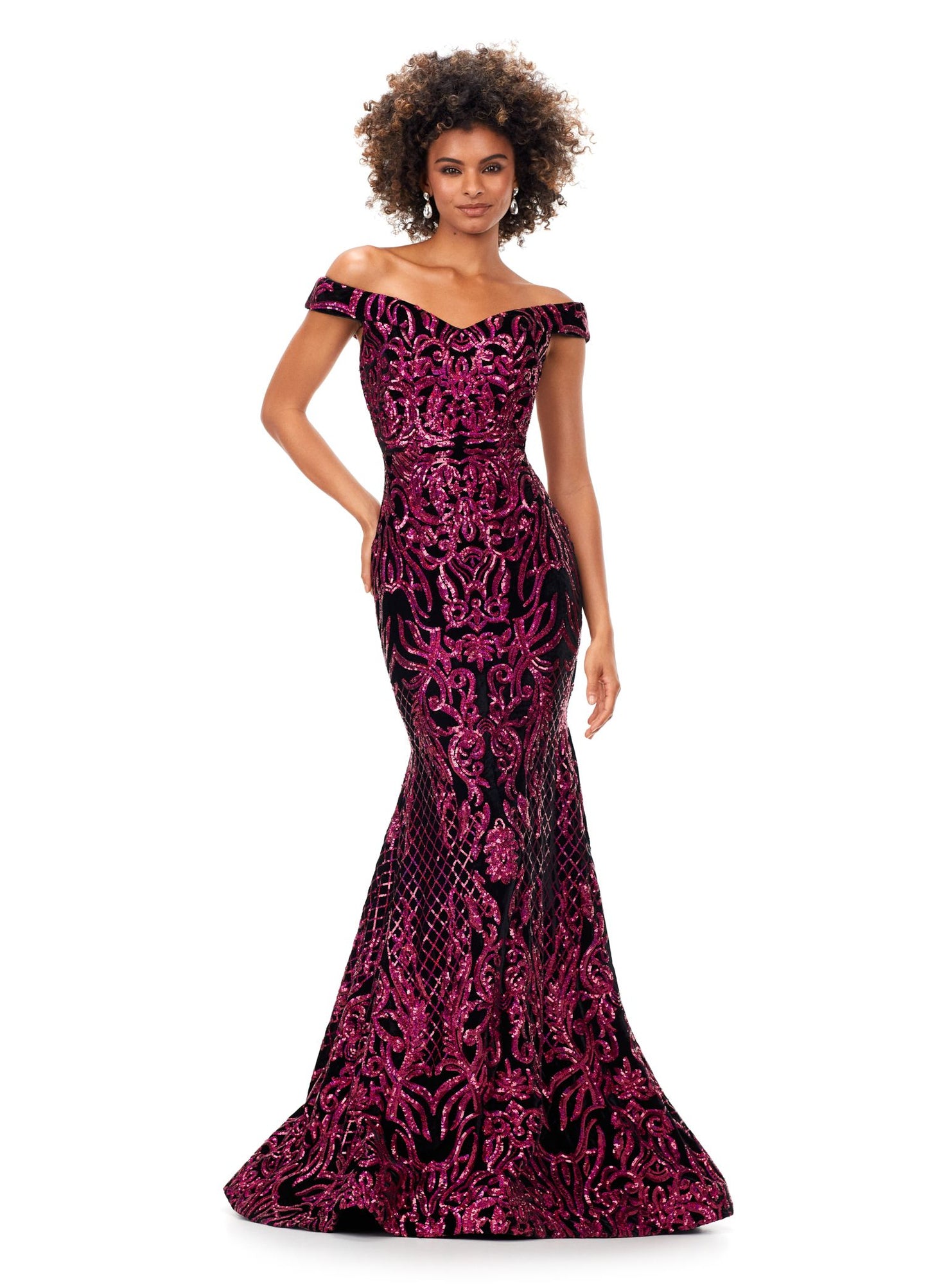 Ashley Lauren 11330 Off Shoulder Velvet Sequin Gown