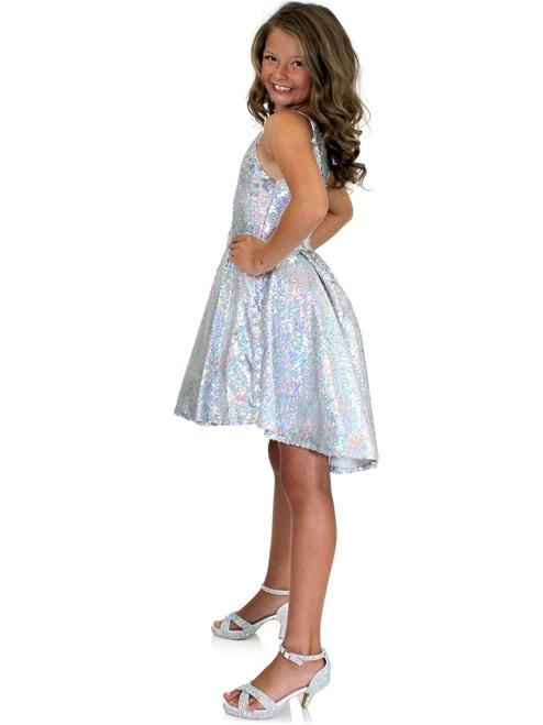 Marc Defang 5013 Short Sequin Fun Fashion Girls Pageant Dress Interview   Fun fashion, opening number dress Holographic sequins material  fully beaded Asymmetrical cut hems  Center back invisible zipper Fully lined dress Available Sizes: 8  Available Colors: Silver