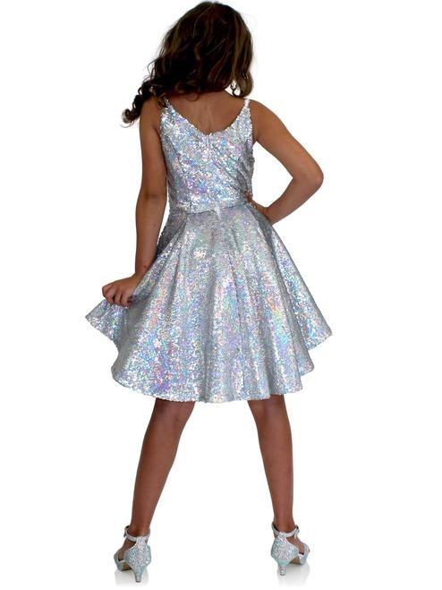 Marc Defang 5013 Short Sequin Fun Fashion Girls Pageant Dress Interview   Fun fashion, opening number dress Holographic sequins material  fully beaded Asymmetrical cut hems  Center back invisible zipper Fully lined dress Available Sizes: 8  Available Colors: Silver