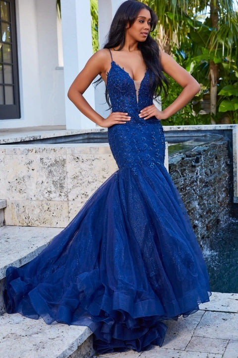 Jovani JVN07398 Size 6 Navy Lace Mermaid Prom Dress Formal Pageant Gown