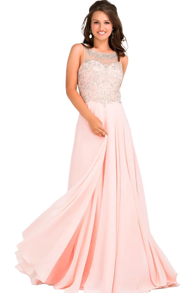 JVN27809 Sheer Neckline Evening Gown with illusion Keyhole Back and long flowy chiffon skirt pageant gown prom dress   size 10 Peach 