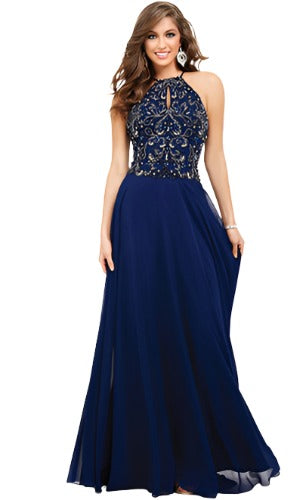 Jovani JVN33700 Size 2 Navy Halter beaded Chiffon Dress Long Formal Gown