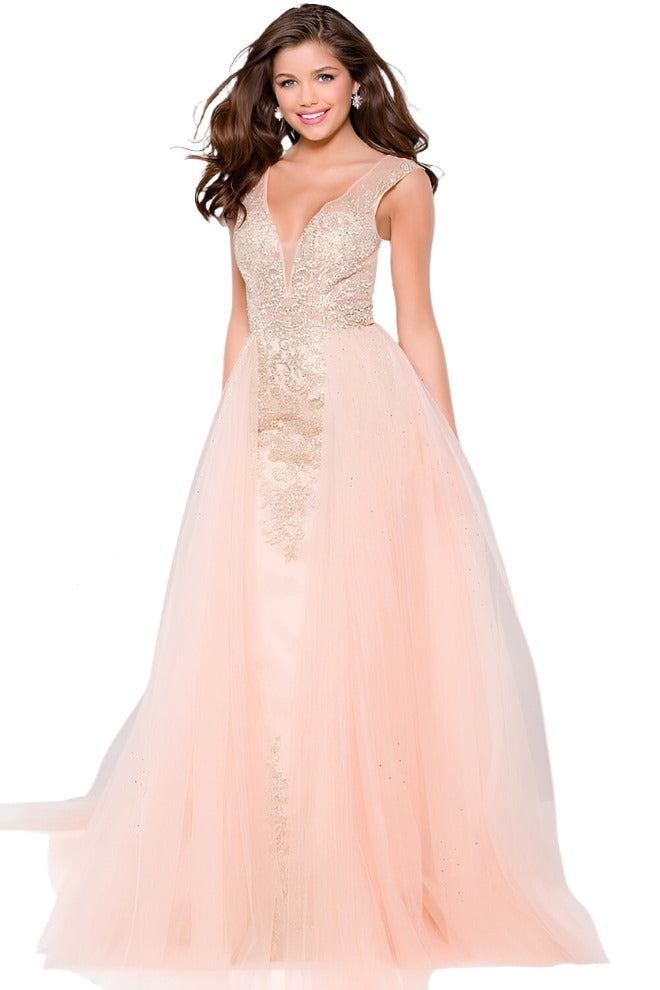 JVN41677 Embellished stones Embroidered fitted silhouette, floor length, full tulle over skirt with scattered heat set stones, sheer bodice, sleeveless, bra cups, plunging neckline, V back.