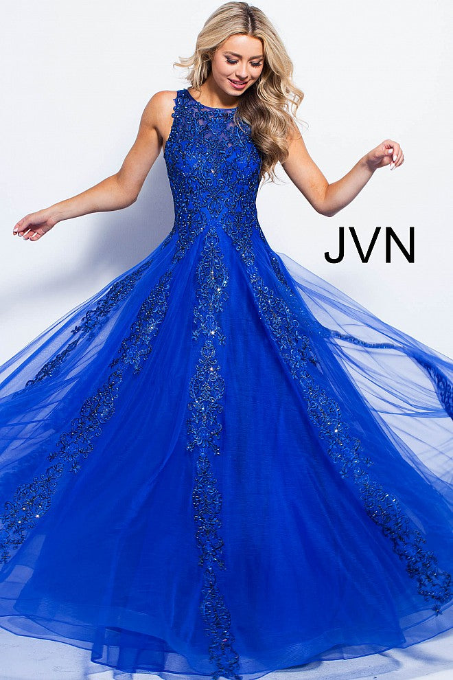 JVN59046 Royal lace applique long prom dress ball gown evening gown with sheer lace back with zipper and sheer lace neckline 