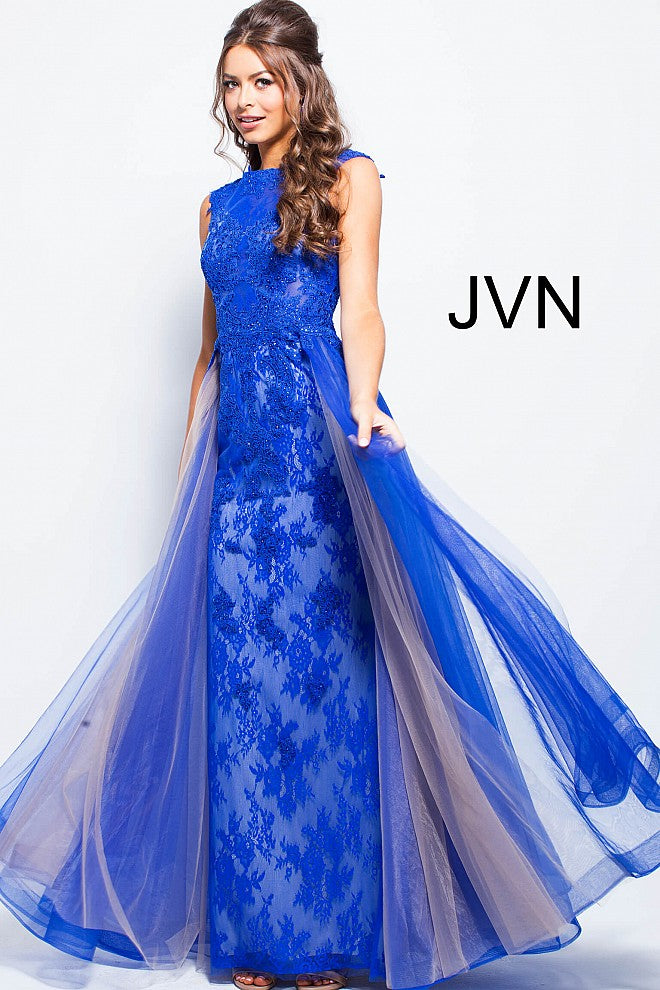 JVN by Jovani 58023 Cap sleeve embellished tulle with lace underlay prom dress tulle over skirt