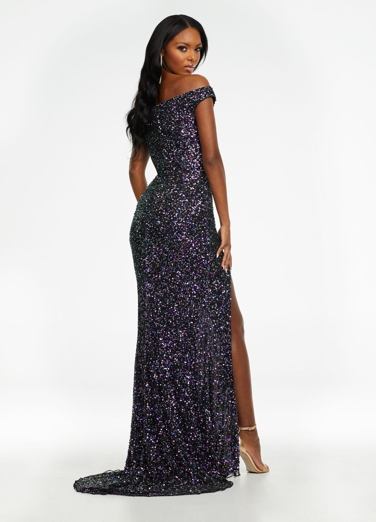 Ashley Lauren 11067 Size 14, 22 Multi/Black Prom Dress Off the Shoulder Sequin Slit Gown