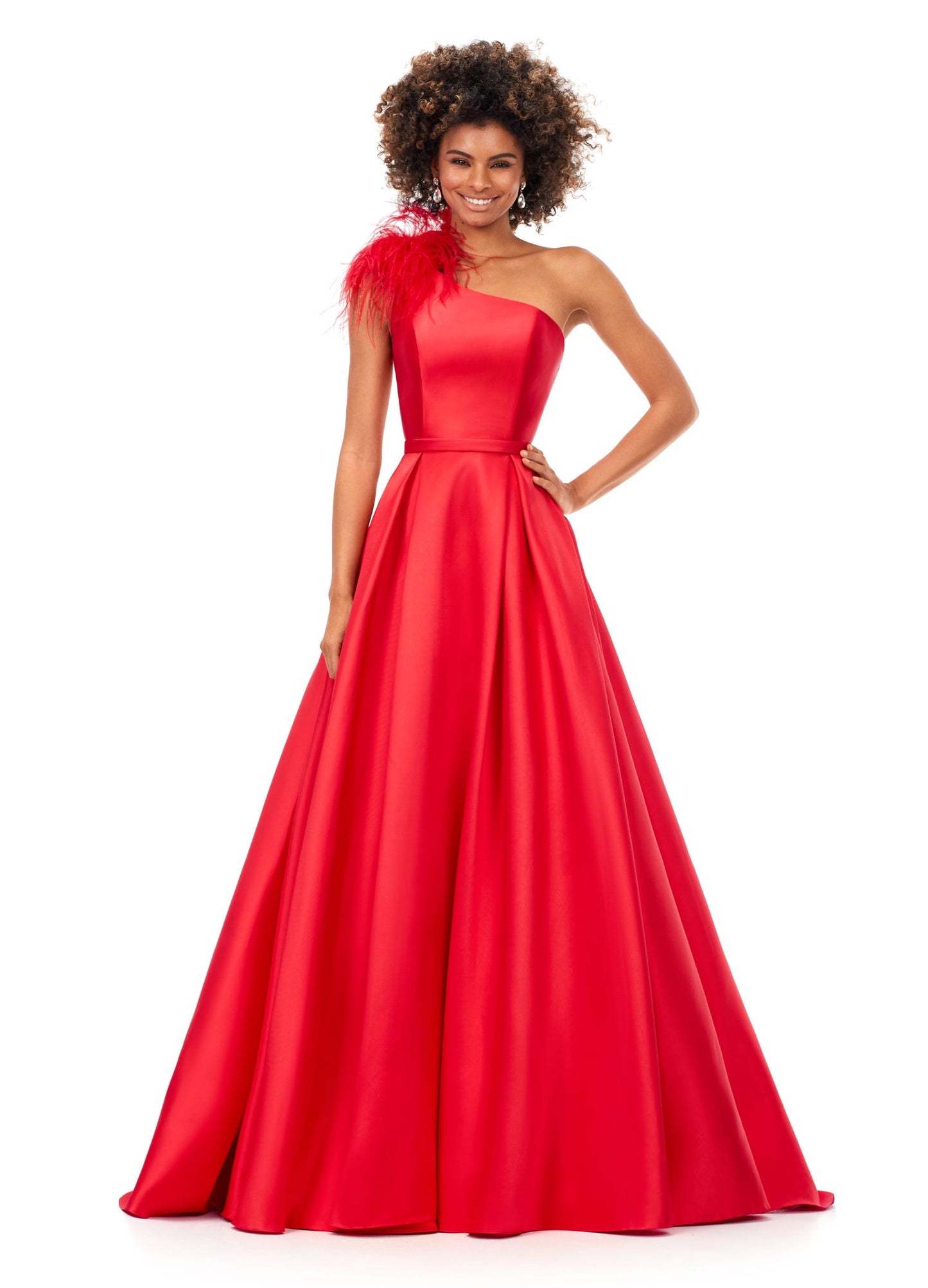 Ashley Lauren 11336 This elegant and sophiscated one shoulder ball gown is sure to make a statement at your next event. The neckline is emebellished with feather details. The a-line skirt completes the look. One Shoulder A-Line Skirt Feather Details Mikado COLORS: Turquoise, Ivory, Red