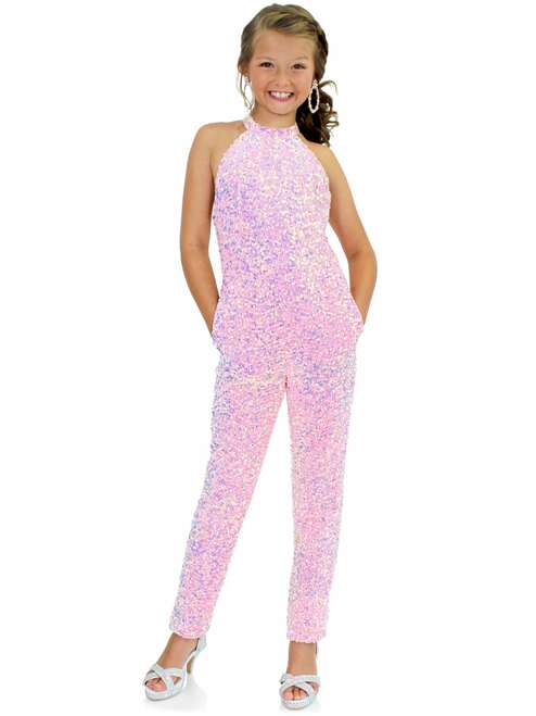 Marc Defang 5022 Long Girls Sequin Pageant Jumpsuit Fun Fashion High Neck  Very sparkle Iridescent colors  Fully beaded Halter Neck Back Straps  Side Pockets Knitted inner comfort lining Available Size: 4-14  Available Color: Royal Blue, Red, White, Light Pink, Light Blue