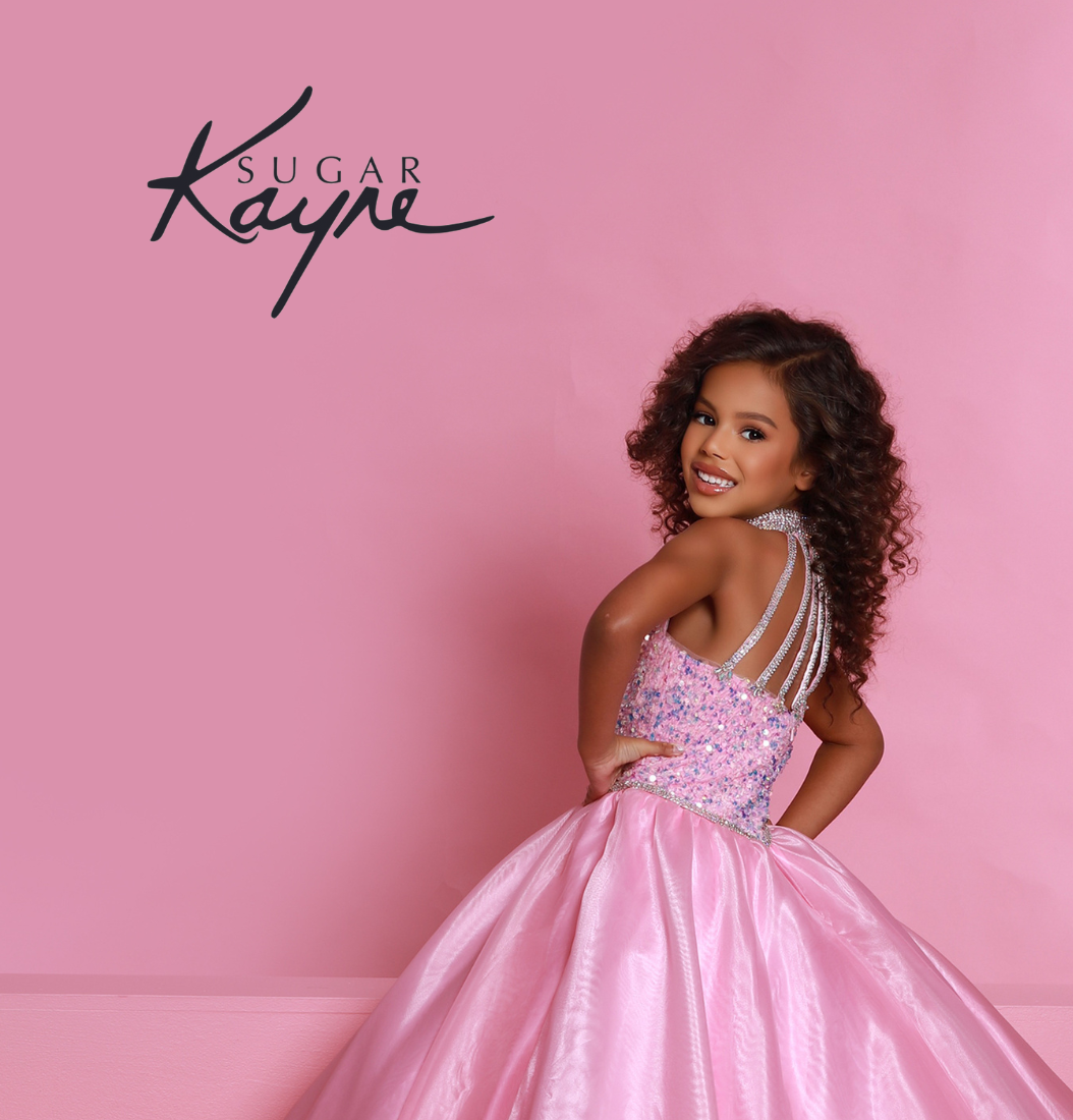 Sugar Kayne C302 sequin stretch velvet and organza ballgown features a stunning beaded halter with dropped waist and rhinestone trim and beaded strap back  Available Sizes: 2-16  Available colors: Aqua, Cotton candy, Orchid, Powder Blue