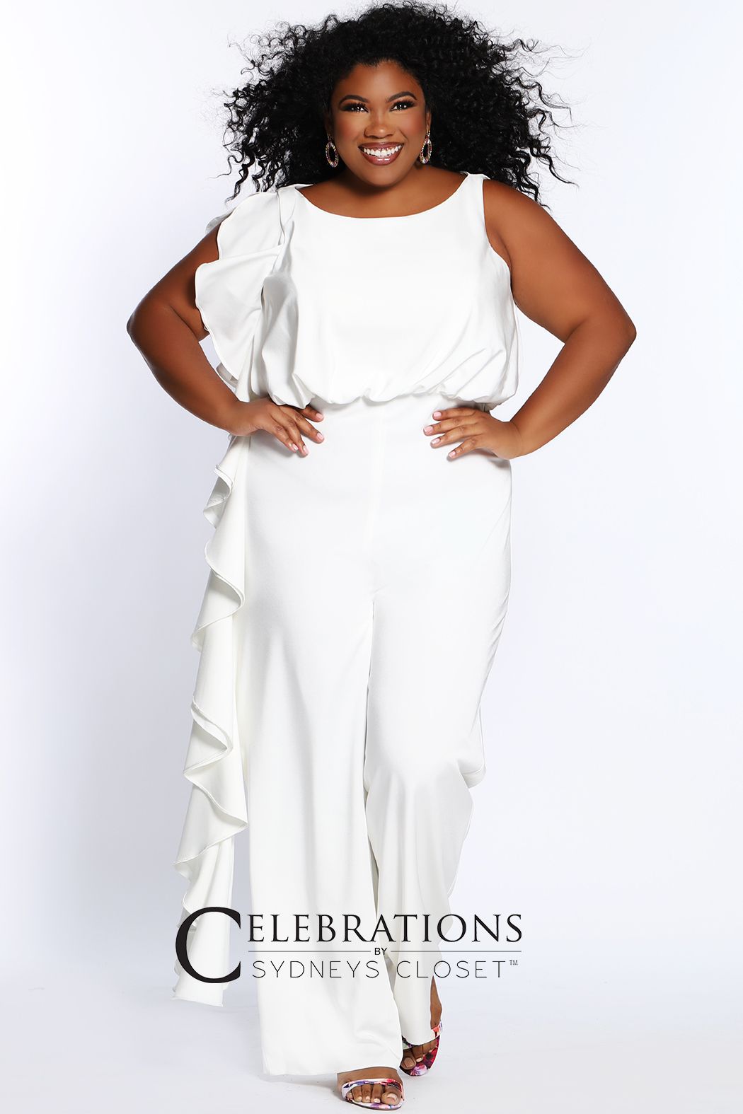 Sydney's Closet CE2014  Trendy plus size formal jumpsuit looks elegant at any special occasion whether you're a guest at a wedding, spending a night on the town or having brunch with family and friends. One-piece silhouette in rich French crepe fabric makes dressing up effortless. 