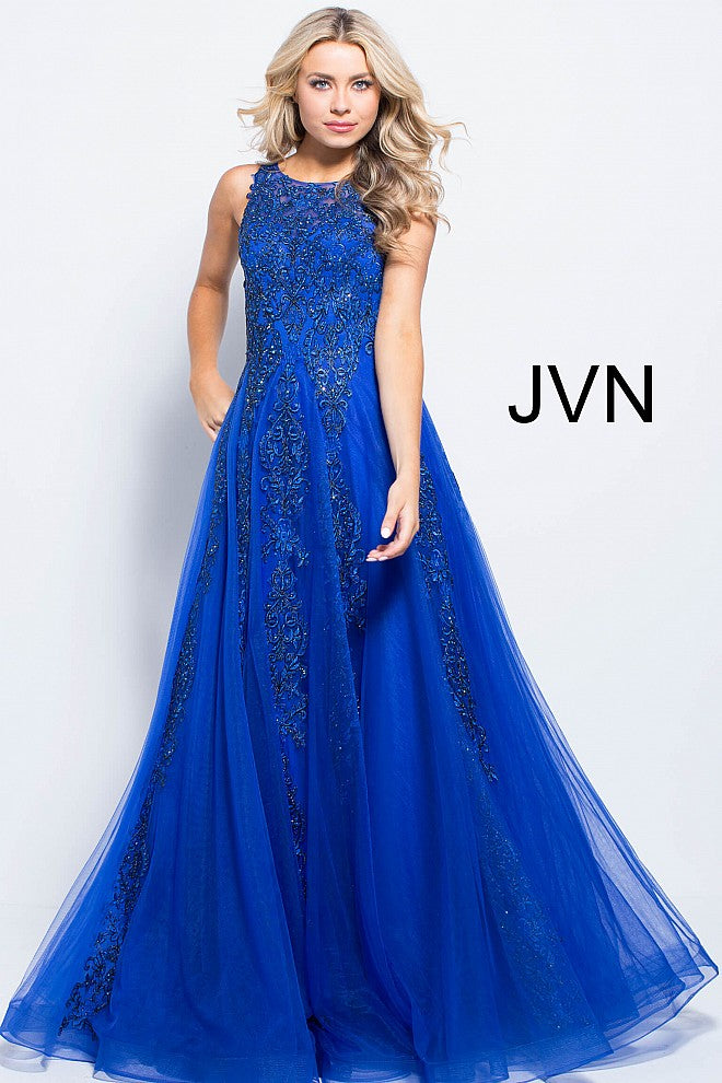 JVN59046 Royal lace applique long prom dress ball gown evening gown with sheer lace back with zipper and sheer lace neckline 