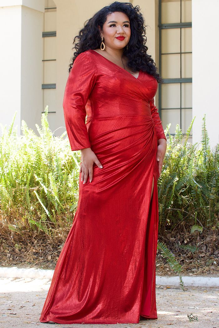 Sydney's Closet CE2015 Metallic Evening Dress Plus Sized Long Sleeves Slit