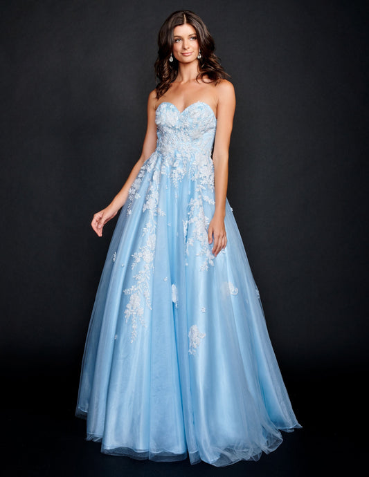 Nina Canacci 9137  This is a strapless ballgown with a sweetheart neckline and 3D floral appliques on the bodice and streaming down the dress. It is good for a Wedding dress or Prom Gown.   Available Size- 4-18  Available Color- Baby Blue, Ivory