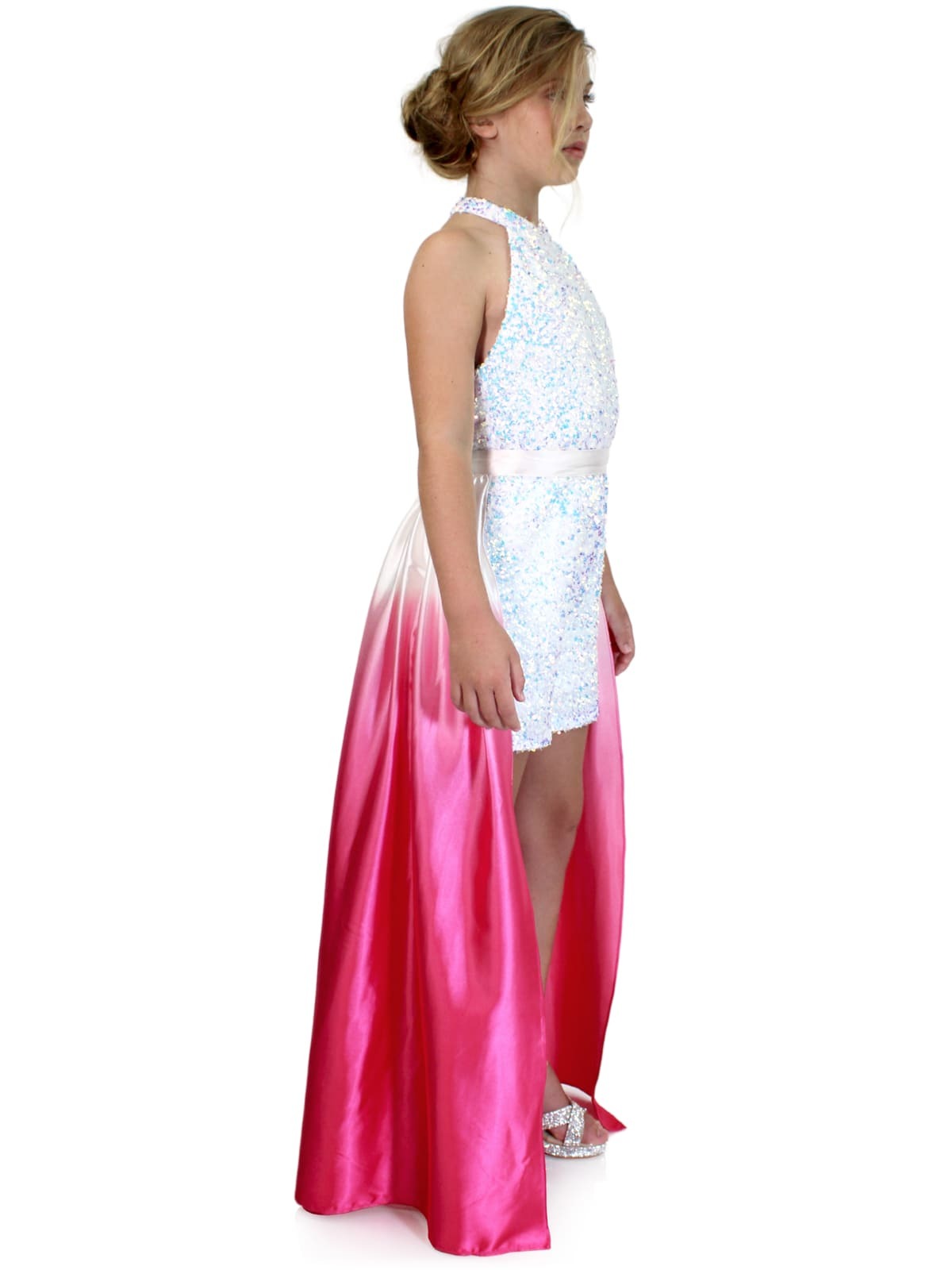 Marc Defang 5033 Short Girls sequin Pageant Romper high neck fun fashion  Sparkle Iridescent colors  Fully beaded Halter Neck Back Straps  Side Pockets Knitted inner comfort lining Available Sizes: 4-14  Available Colors: Cinderella Blue, White Pageant fun fashions kids girls