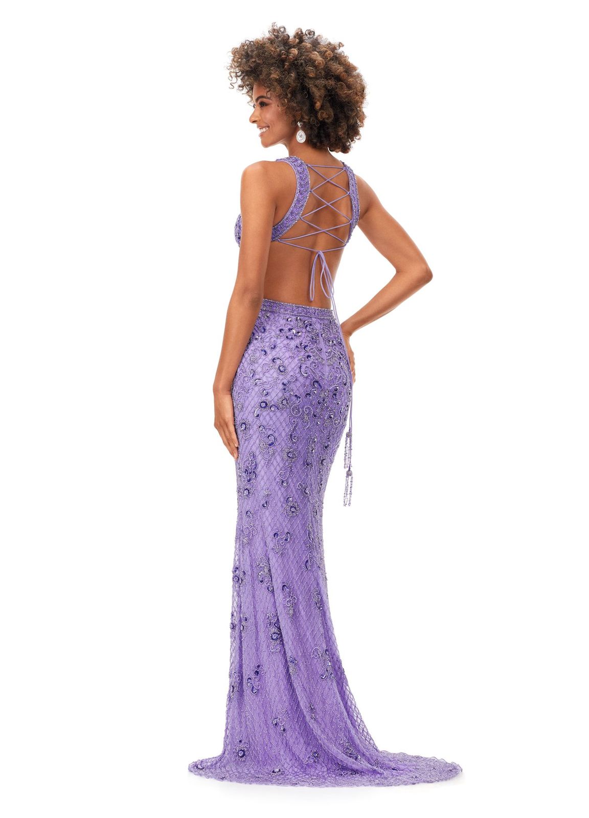 Ashley Lauren 11366 Turn heads in this v-neck gown with side cut outs and an intricate bead pattern. The gown is complete with a lace up open back and sweep train. V-Neckline Cut Outs Lace Up Back Sweep Train COLORS: Gold, Red, Lilac, Peacock