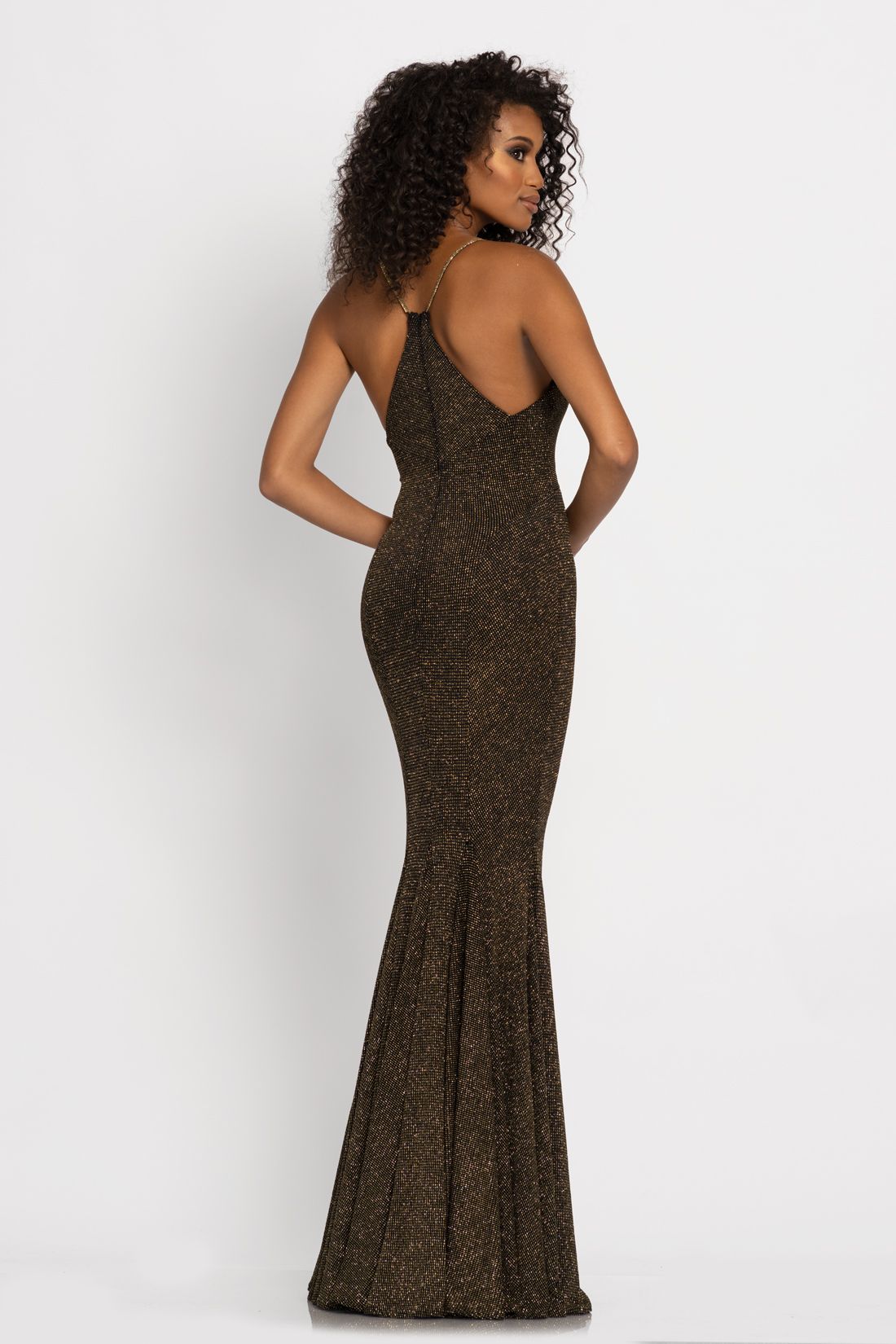 Johnathan Kayne 2290 This long prom dress is glitter jersey with a v neckline and features an embellished spaghetti straps that form a racer back.   Colors  Blue, Gold  Size  00, 0, 2, 4, 6, 8, 10, 12, 14, 16